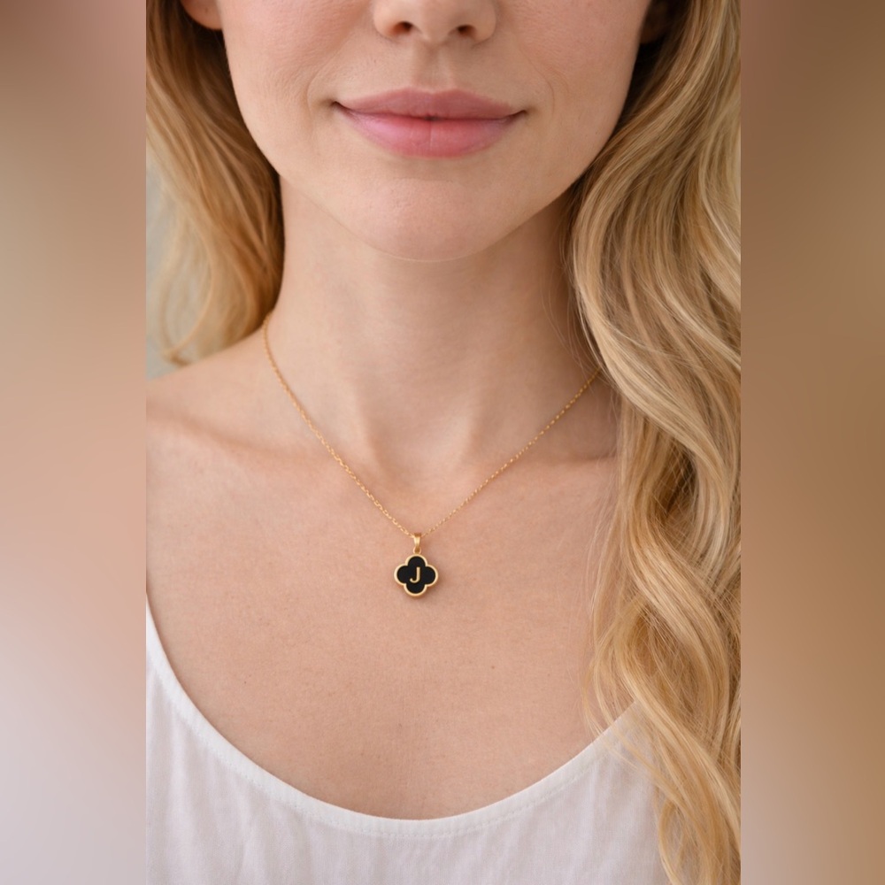 NEW Womens Stainless Steel Goldtone Black Clover Initial J Necklace 17.5"